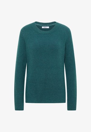 Teal striktrøje med rund halsudskæring, lange ærmer og ribbet tekstur, med et logo label ved halsen.