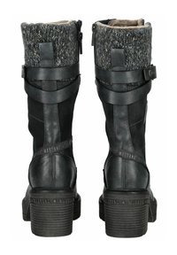 Black leather knee-high boots with grey knit trim, side zippers, and textured block heels. Accented with straps and branding details.