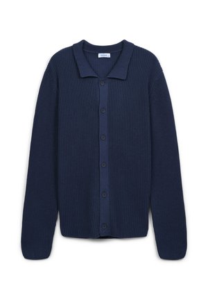 Cardigan en tricot bleu marine avec col, boutons sur le devant et manches longues. Le tissu texturé offre chaleur et confort.