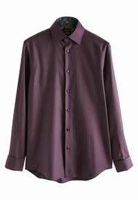 Langärmeliges violettes Hemd mit dezentem Fischgrätmuster, Knopfleiste und floralem Innenkragenfutter.