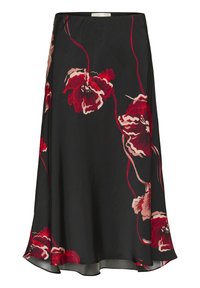 Musta midi-hame, jossa on punaisia ja vaaleanpunaisia kukkakuoseja sekä hieman levenevä helma, vyötäröllä "InWear"-merkintä.