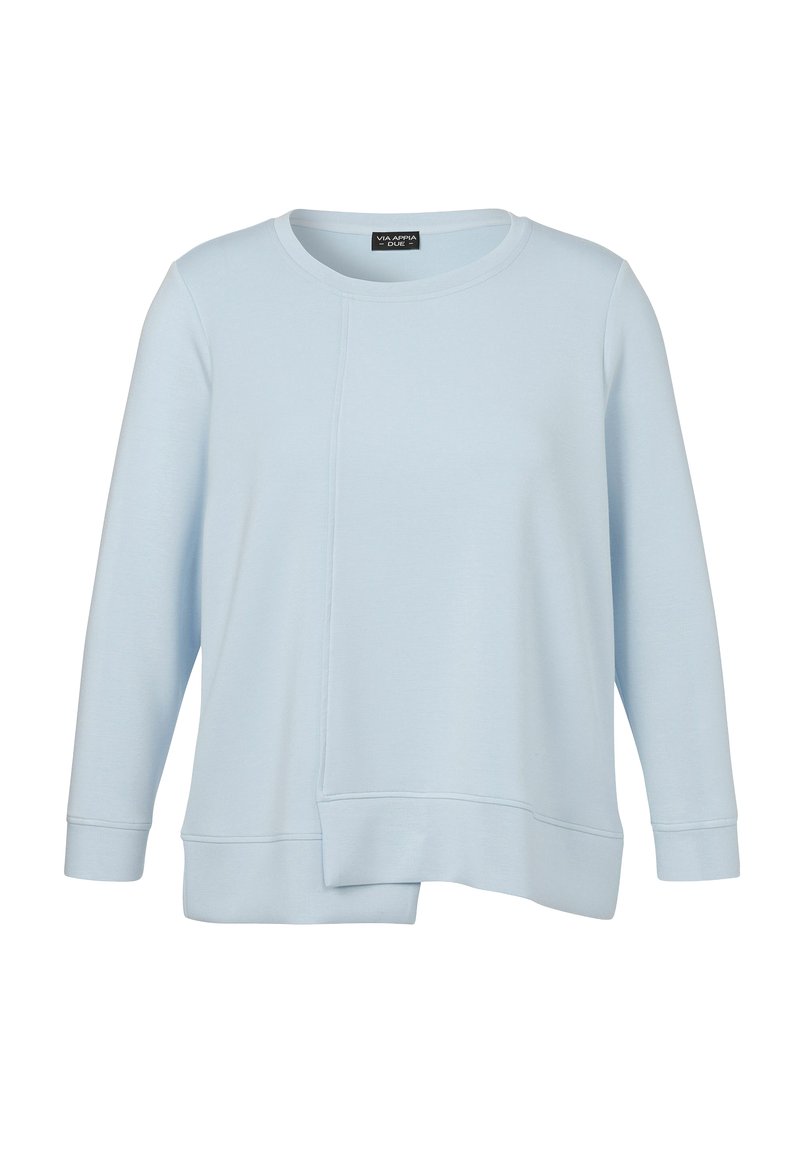 Lichtblauwe sweatshirt met ronde hals, lange mouwen en een asymmetrische zoom. Zachte stof met een gladde textuur en minimale stiksels.