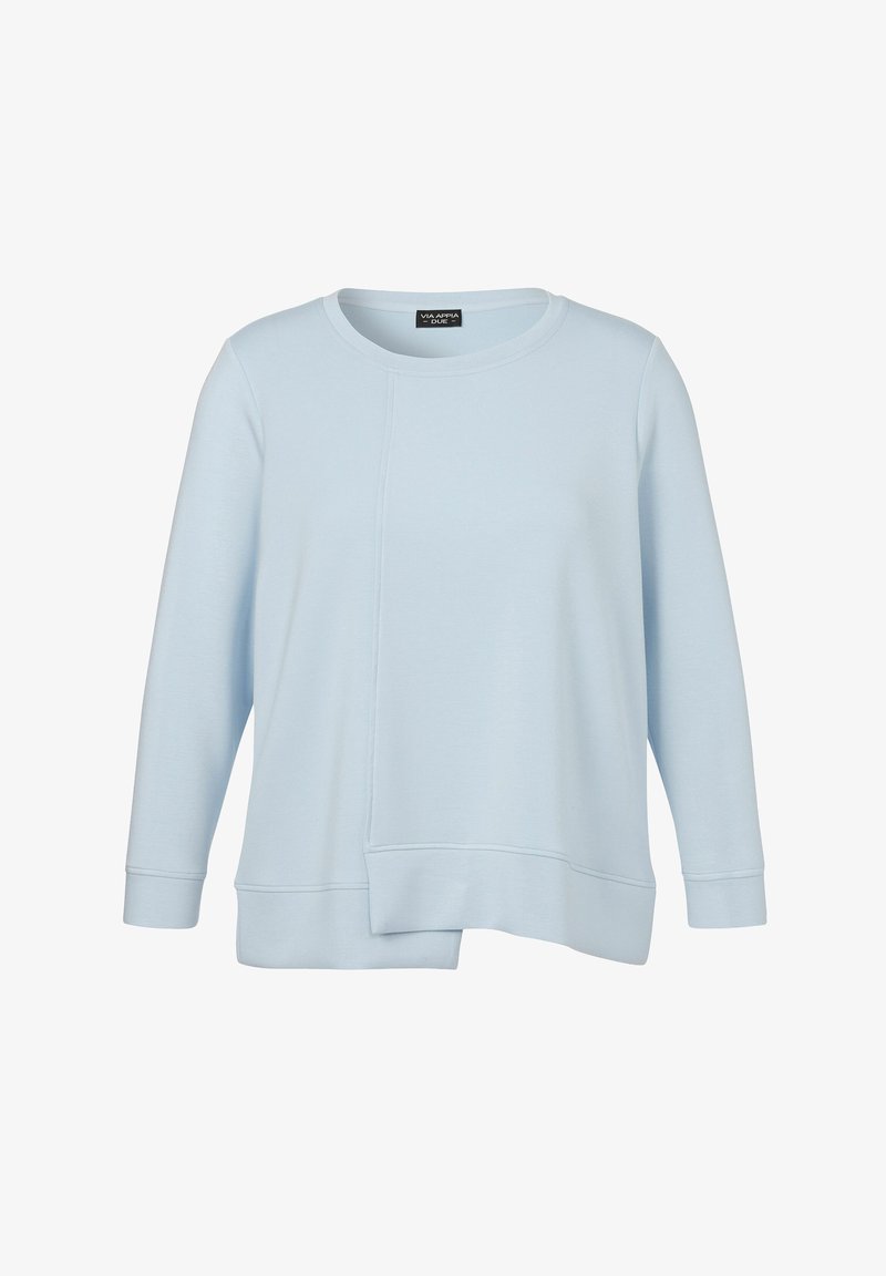 Lichtblauwe sweatshirt met ronde hals, lange mouwen en een asymmetrische zoom. Zachte stof met een gladde textuur en minimale stiksels.