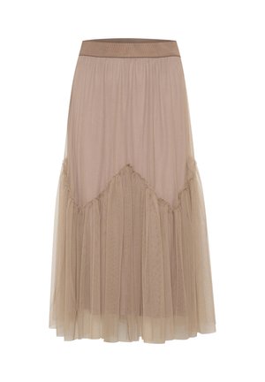 Longue jupe beige en tissu doux et léger. La superposition de tulle présente des bords froncés, créant une texture superposée et une silhouette en A.