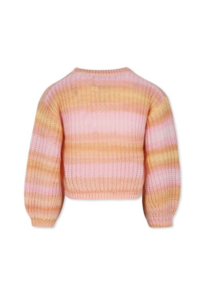 Pull court en tricot avec des rayures pastel en rose, pêche et jaune. Manches longues, col côtelé et texture douce.