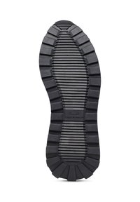 Suola di scarpa in gomma nera con scanalature e creste orizzontali profonde; presenta un logo circolare al centro con il testo "Voile Blanche."