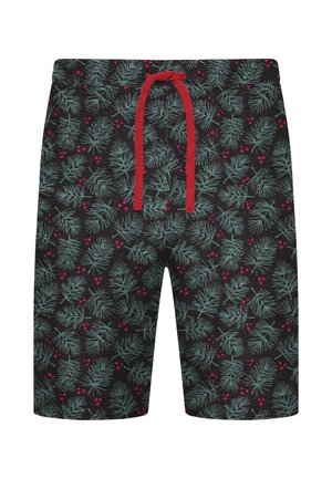 Pantaloni corti neri con un motivo di aghi di pino verdi e bacche rosse, dotati di un cordoncino rosso e di una cintura elastica.