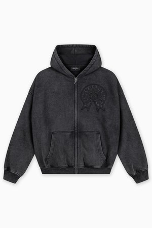 Γκρι φούτερ με φερμουάρ και κουκούλα, με ανάγλυφο λογότυπο στο αριστερό μέρος του στήθους και εμπρόσθιες τσέπες. Κατασκευασμένο από απαλό υλικό που μοιάζει με φλις.