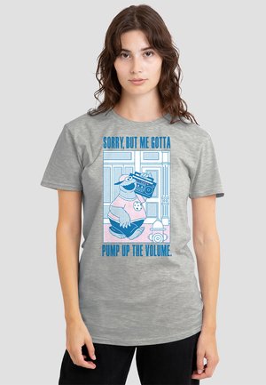 Gray cotton t-shirt featuring colorful graphic of a character with a boombox. Text reads "Sorry, but me gotta pump up the volume."
