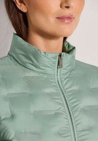 Hellgrüne Steppjacke mit hohem Kragen, Frontreißverschluss und dezentem Strukturmuster auf dem Stoff. Glattes, wasserabweisendes Material.