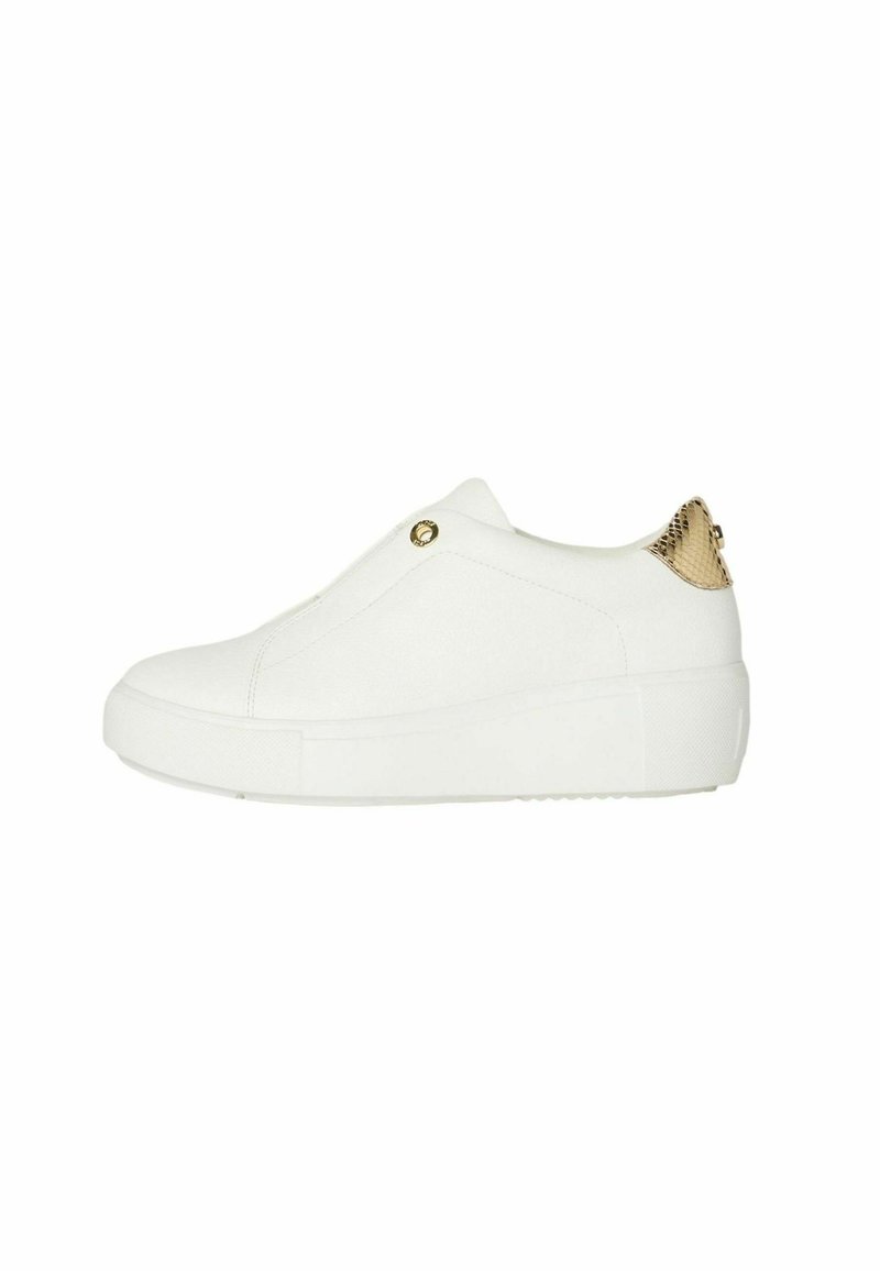 White sneaker with a textured surface, featuring a metallic gold accent at the heel and a sturdy, flat sole. Zipper closure at the front.