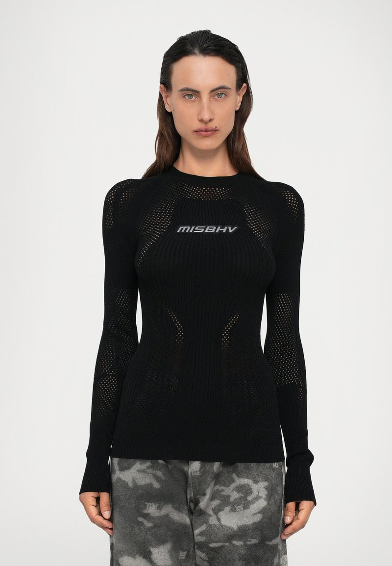 Haut en tricot noir à manches longues avec une coupe ajustée, présentant des panneaux en maille, une texture côtelée et un logo MISBHV bien en vue sur le devant.