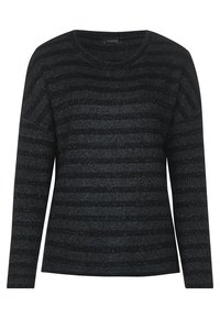 Svart och grå randig långärmad tröja med rundad halsringning, med en subtil glittrande textur genom hela plagget.