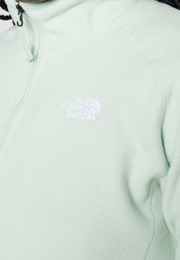 Giacca in pile verde chiaro con colletto con zip e logo ricamato. Tessuto morbido, design aderente e dettagli delle cuciture visibili.