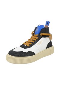 Black and white high-top sneaker with a textured glitter finish, orange laces, blue accents, and a ridged beige outsole.