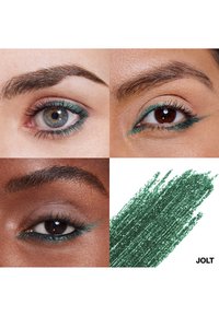 Grøn eyeliner应用于�四只眼睛，展示不同肤色。旁边有一块产品试色，上面标注着 "JOLT".