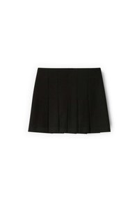 Zwarte geplooide minirok met een gladde textuur, voorzien van verticale plooien, een elastische tailleband en een zoom die boven de midden-dij zit.