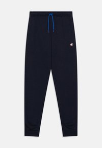 Pantalones de chándal de color navy confeccionados en una tela suave con cintura elástica. Presentan un cordón azul, puños acanalados y un pequeño logo en la parte delantera.