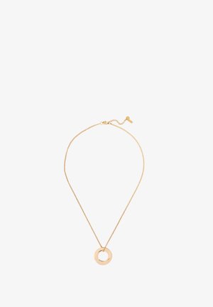 Ogrlica zlatne boje koja se sastoji od fine lančića i okruglog privjeska s otvorenim središtem. Lančić uključuje podesivu kopču.