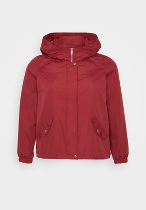 Red windbreaker jacket with a hood, zip closure, two angled pockets, elastic cuffs, and a smooth texture.