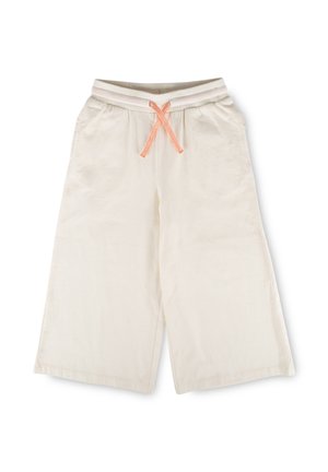 Weite cremefarbene Hose mit elastischem Bund und rosa Kordelzug, mit Seitentaschen und entspanntem Sitz.