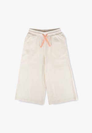 Weite cremefarbene Hose mit elastischem Bund und rosa Kordelzug, mit Seitentaschen und entspanntem Sitz.