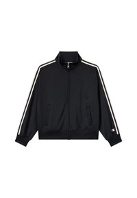 Giacca sportiva nera con colletto alto, chiusura con zip, due tasche laterali e righe bianche sulle maniche. Presenta il logo sul petto e sul polsino.