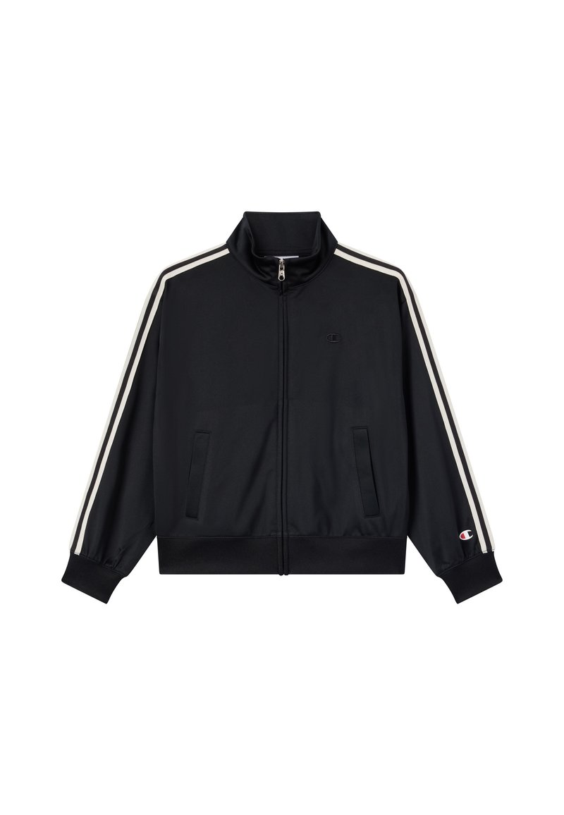 Giacca sportiva nera con colletto alto, chiusura con zip, due tasche laterali e righe bianche sulle maniche. Presenta il logo sul petto e sul polsino.