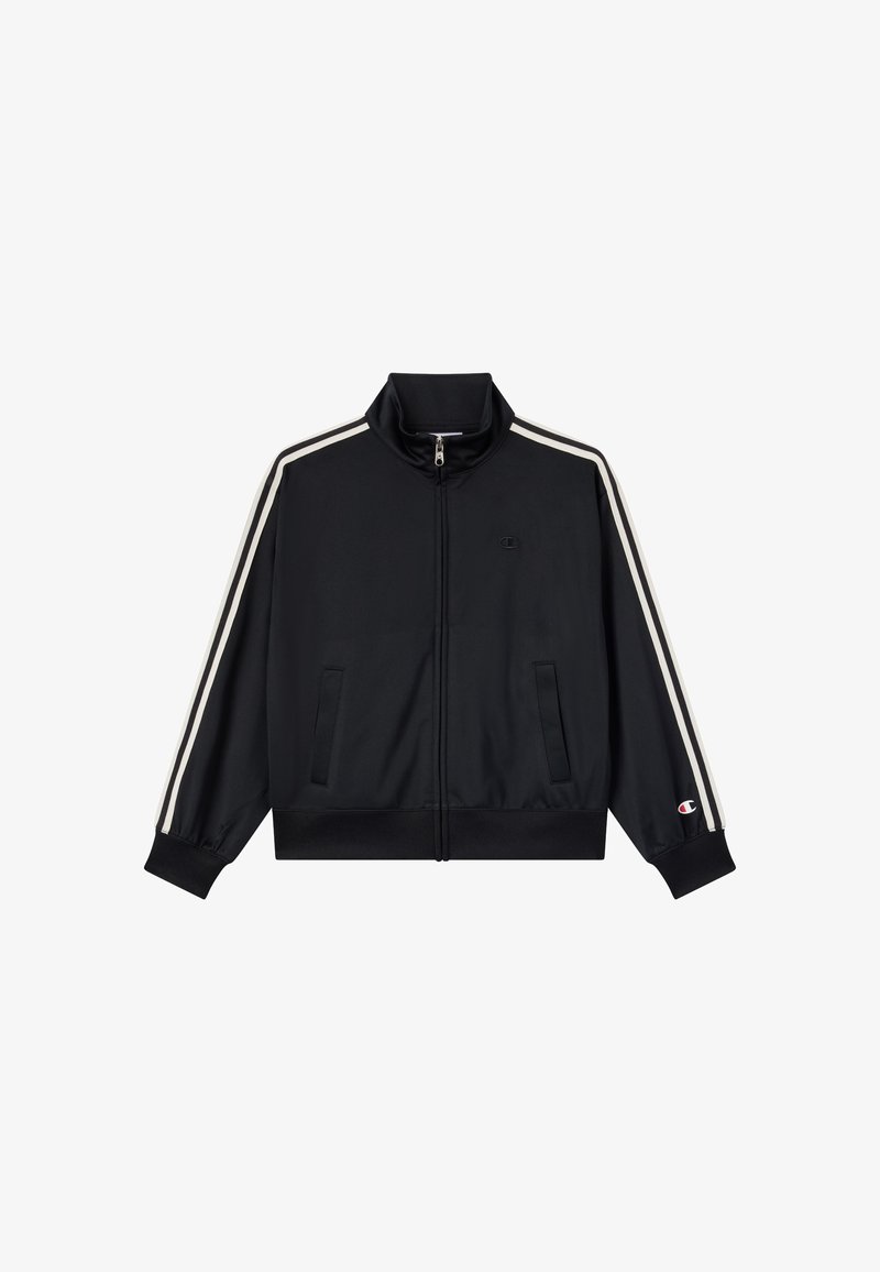 Giacca sportiva nera con colletto alto, chiusura con zip, due tasche laterali e righe bianche sulle maniche. Presenta il logo sul petto e sul polsino.