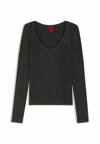 Maglione lungo a maniche lunghe nero a costine con scollatura ampia a barca. Presenta una leggera lucentezza ed è realizzato in un tessuto morbido e texturizzato.