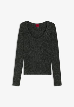 Black ribbed long-sleeve sweater with a wide scoop neckline. Features a subtle shimmer and is made of a soft, textured fabric.