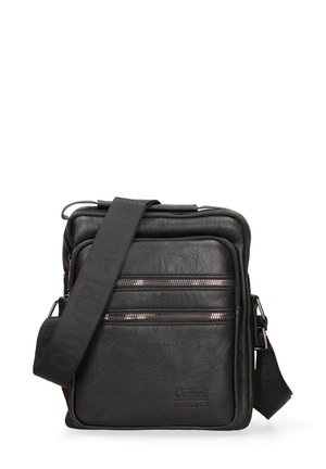 Borsa a tracolla in pelle nera con due tasche frontali con zip e tracolla regolabile in tessuto con nome del marchio in rilievo.