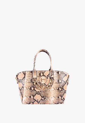 Kabelka z hadiej kože v béžových a hnedých odtieňoch. Obsahuje zlatú reťazovú hardvér a dvojité uchá. Štruktúrovaný dizajn s výrazným logom.