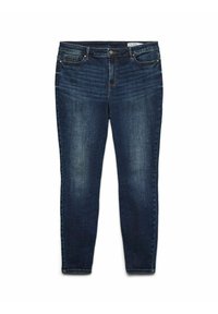 Tmavě modré skinny džíny vyrobené z denimu. Mají pět kapes, zipový klouzavý uzávěr a mírné vyblednutí na přední straně. Šité akcenty podél švů.