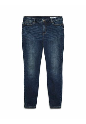 Jean skinny bleu foncé en denim. Comprend cinq poches, une fermeture éclair et un léger délavage sur le devant. Détails cousus le long des coutures.