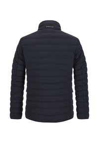 Dunkel marineblaue gesteppte Jacke, Rückansicht, mit langen Ärmeln und kurzem Stehkragen.