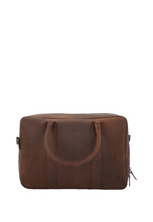 Rjava usnjena poslovna torba z dvema ročajema, zadrgo za zapiranje in subtilno vbočeno logotipom na sredini sprednje strani.