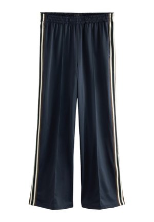 Dark blue wide-leg track pants with elastic waistband and white and brown side stripes.