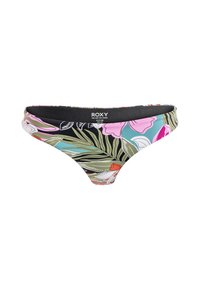 Bloemenbikiniromp met een mix van roze, oranje en groene kleuren op een zwarte achtergrond, een gladde textuur en lage beenopeningen.
