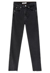 Jean en denim noir avec coupe slim, cinq poches et ourlet finition. Design classique avec détails délavés et garnitures en métal argenté.