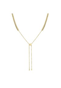 Goldene Halskette mit ineinandergreifenden Gliedern, die ein zentrales rechteckiges Element und zwei hängende Ketten enthält, mit strukturiertem und poliertem Finish.