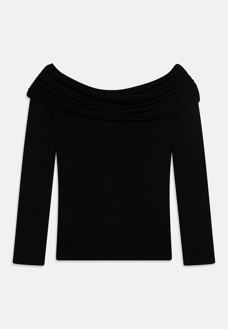 Camisola preta de mangas longas com decote drapeado à saída dos ombros, textura suave e design ajustado para uma silhueta elegante.