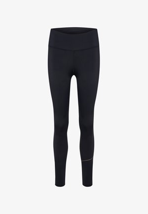 Mustat urheilulegginsit, joissa on korkea vyötärö, sileä pinta ja tiukka istuvuus. Yksityiskohtana on hienovarainen kultainen korostushelmassa.