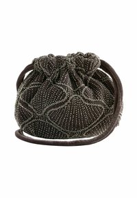 Sac cu șnur din mătase maro închis, cu formă rotunjită și suprafață texturată, având modele complexe de mărgele și o curea moale.