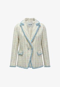 Blazer de tweed en crema con hilos multicolores, bordes azules, dos bolsillos frontales y cierre de doble botón. Textura suave con un diseño estructurado.