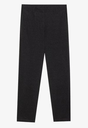 Pantalons noirs à jambes droites en tissu tissé, avec poches avant et une taille épurée, sans motifs ni accents visibles.