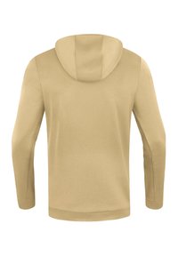 Hoodie beige con una trama liscia, maniche lunghe e cappuccio con cordini. Presenta un colore uniforme senza motivi o dettagli.