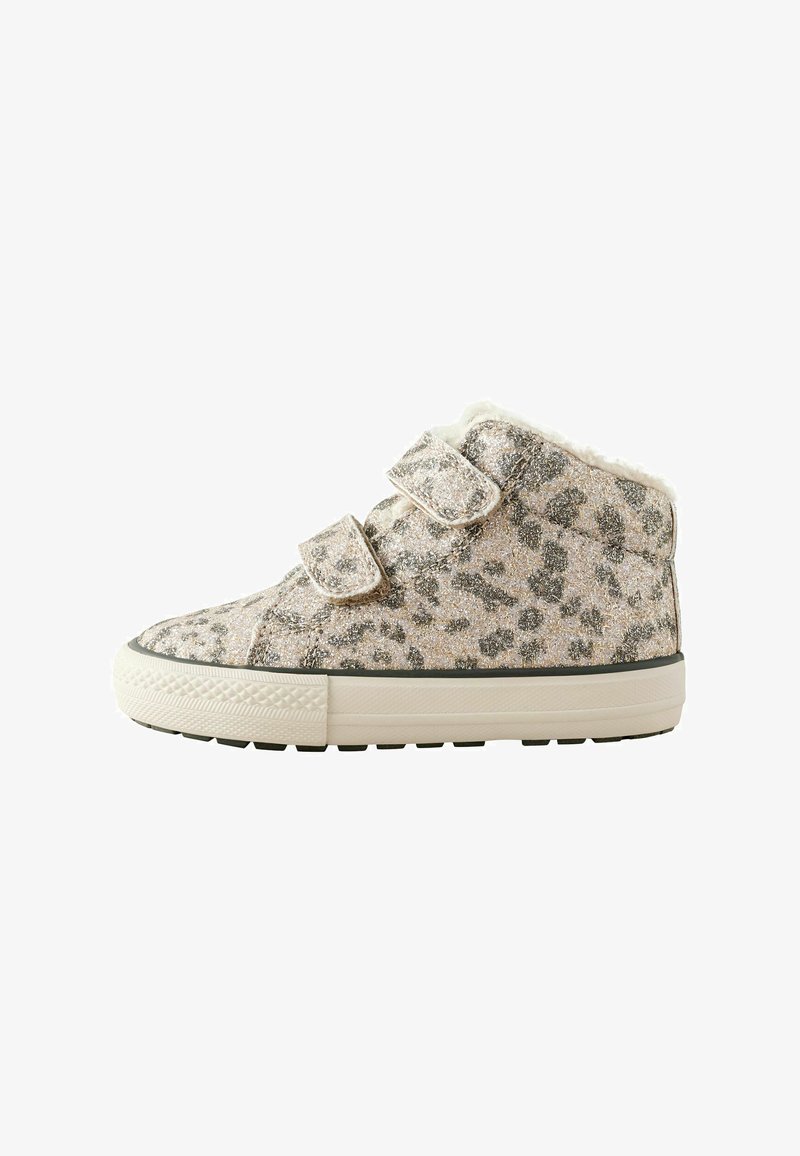 Glittery leopard print high-top shoes with dual velcro straps, soft fur lining, and a white rubber sole with black tread.