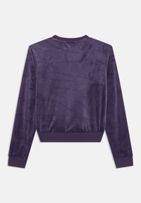 Sudadera de terciopelo púrpura con mangas largas, puños acanalados y cuello redondo. Textura suave con un color uniforme, sin patrones adicionales.