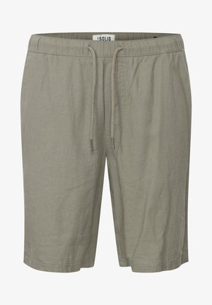 Light gray shorts made of a smooth fabric, featuring an elastic waistband with drawstring, knee-length design, and simple, flat seams.